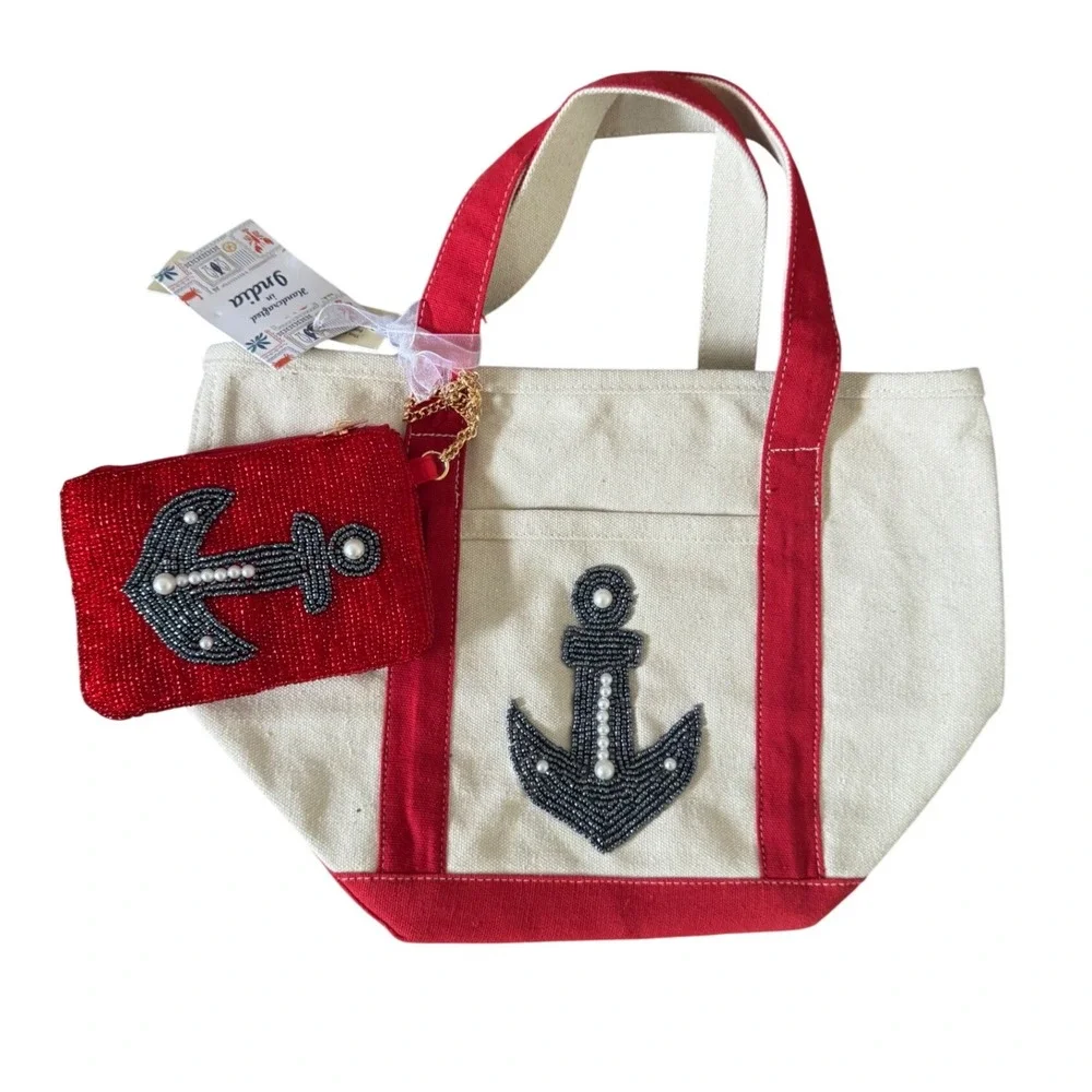 Viral Beaded Anchor Canvas Small Tote Red Base‎ Assorted Beaded Pouch NW